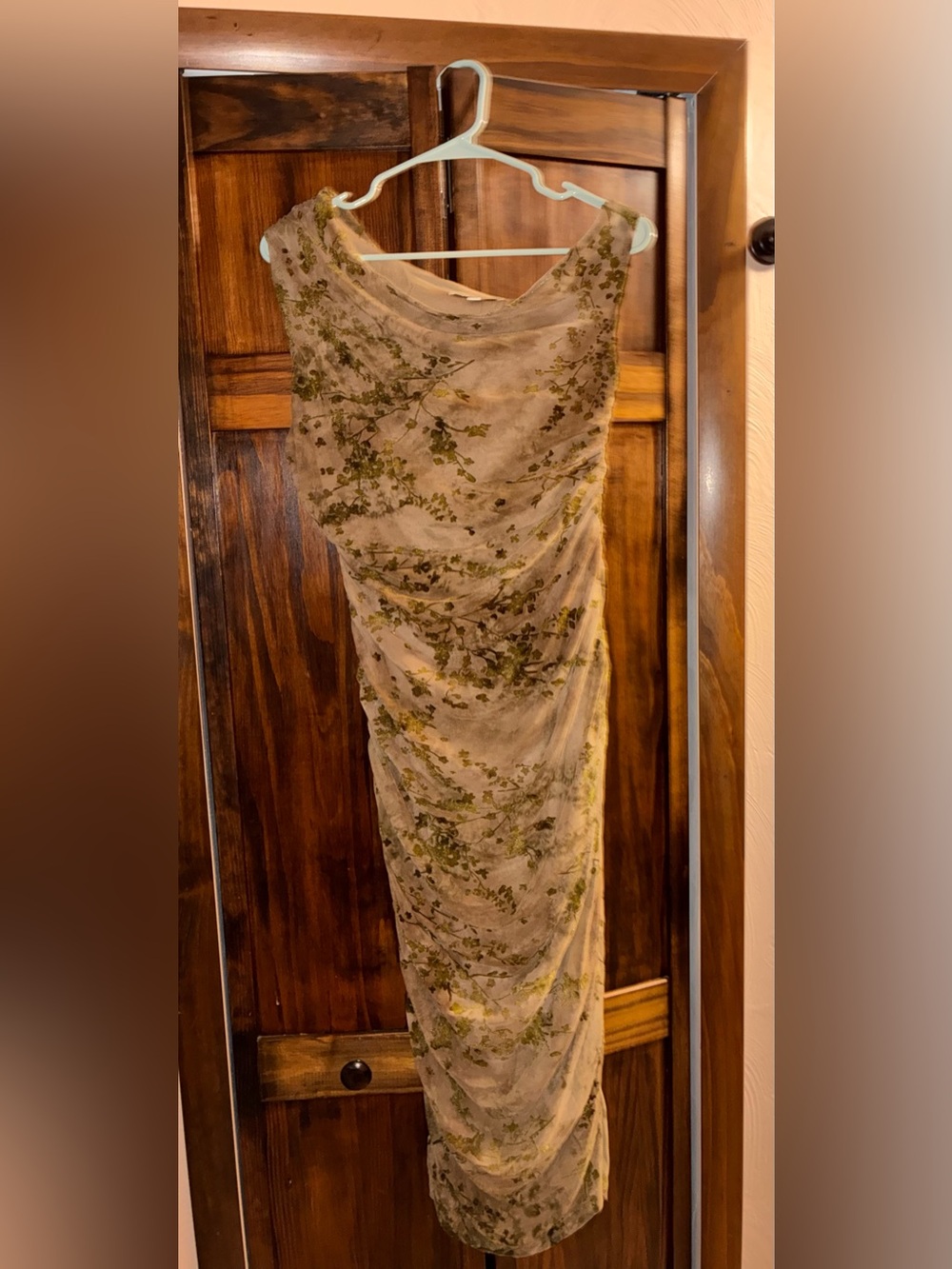Ruched Fall Wedding Guest Dress - Green/Tan